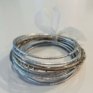Silver Stack of Metal Bracelets Different Patterns 13 Pieces NEW